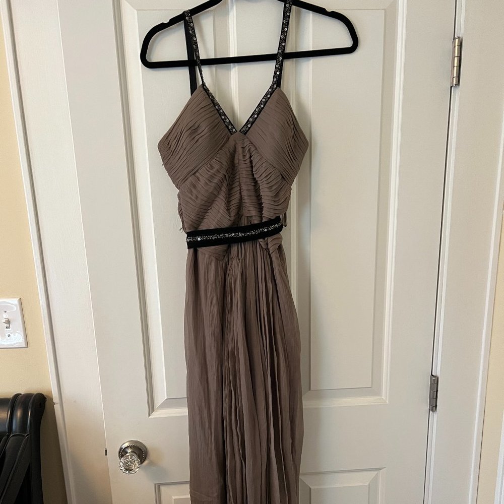 Beautiful Tan Belted Formal Dress With Pleated and Beaded Detail